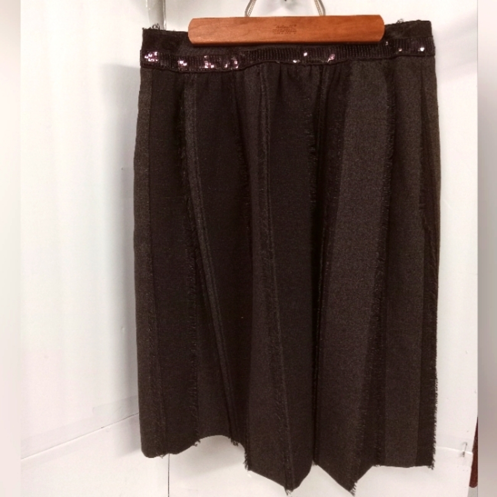 Dorothee Bis Brown Skirt Brown Raw Fringed Sequined Lined Size 6/ 32" WOOL  LOOK